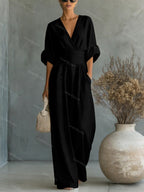 Wide-leg jumpsuit met V-hals en brede tailleband voor dames
