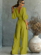 Wide-leg jumpsuit met V-hals en brede tailleband voor dames
