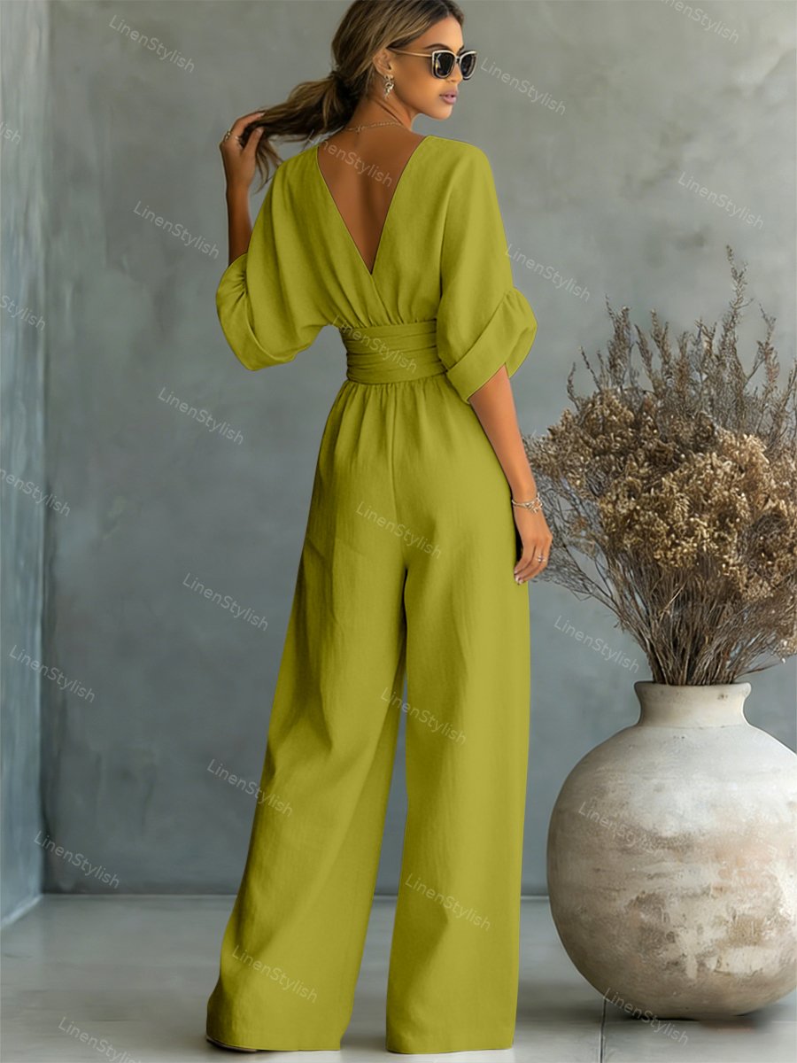 Wide-leg jumpsuit met V-hals en brede tailleband voor dames