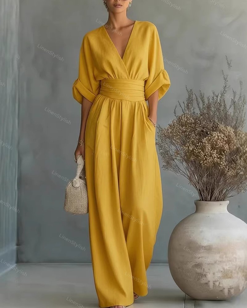 Wide-leg jumpsuit met V-hals en brede tailleband voor dames