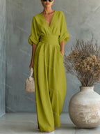 Wide-leg jumpsuit met V-hals en brede tailleband voor dames