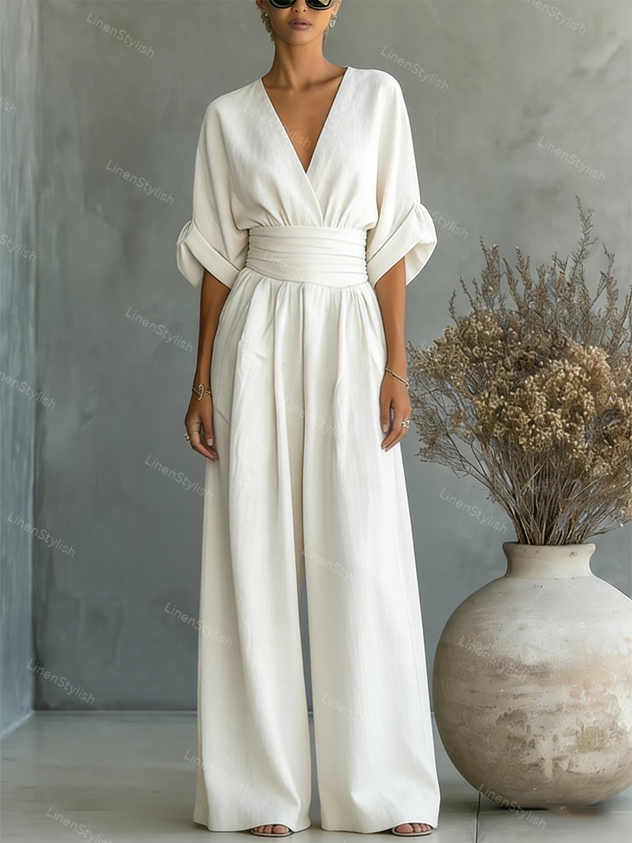 Wide-leg jumpsuit met V-hals en brede tailleband voor dames