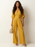 Wide-leg jumpsuit met V-hals en brede tailleband voor dames in geel
