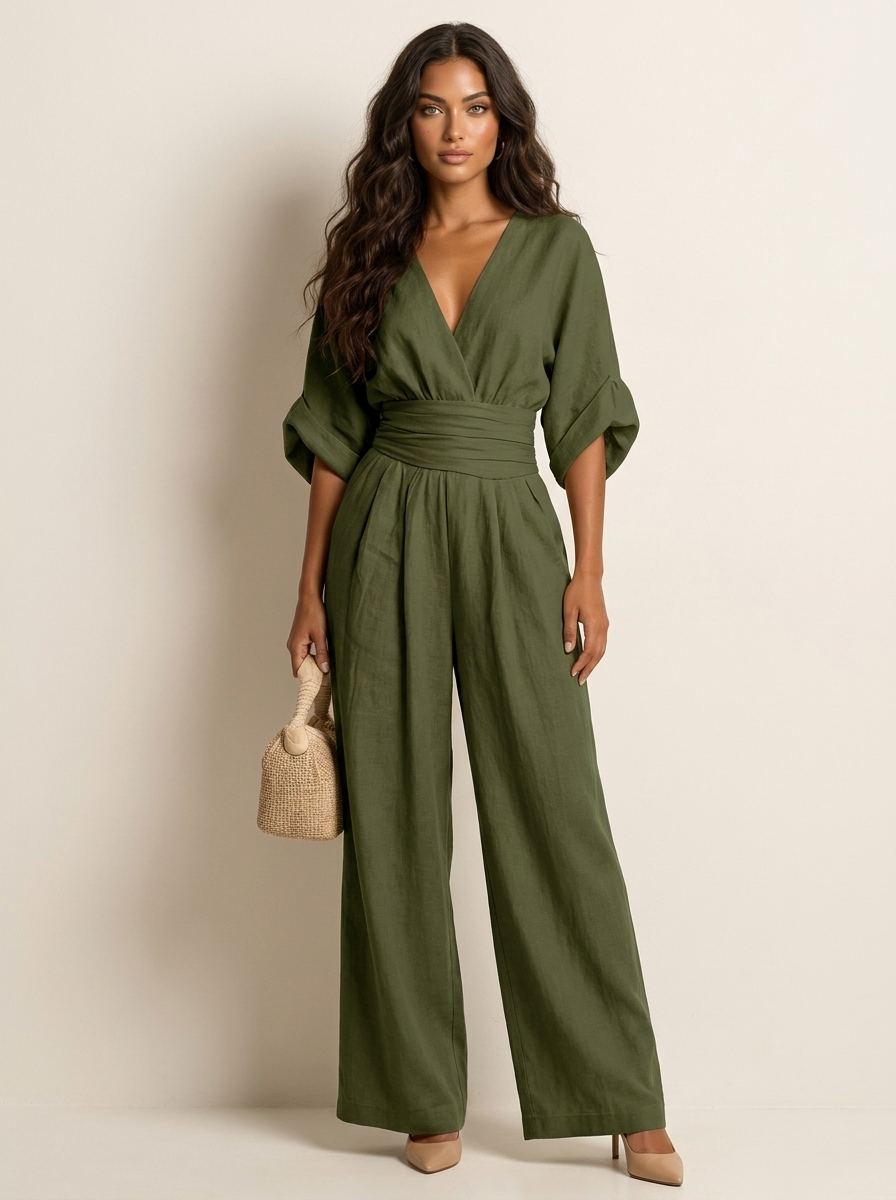 Wide-leg jumpsuit met V-hals en brede tailleband voor dames in legergroen