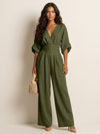 Wide-leg jumpsuit met V-hals en brede tailleband voor dames in legergroen