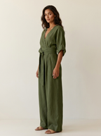Wide-leg jumpsuit met V-hals en brede tailleband voor dames