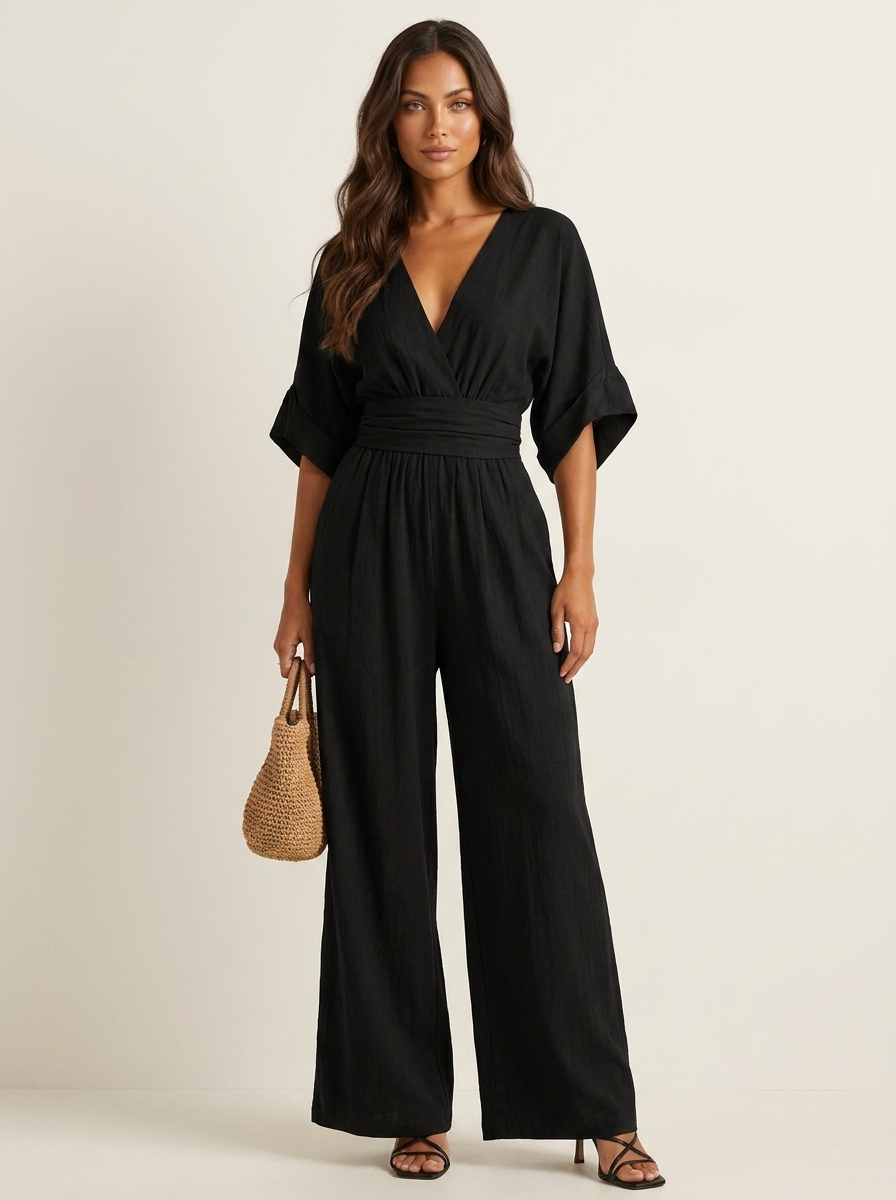 Wide-leg jumpsuit met V-hals en brede tailleband voor dames in zwart