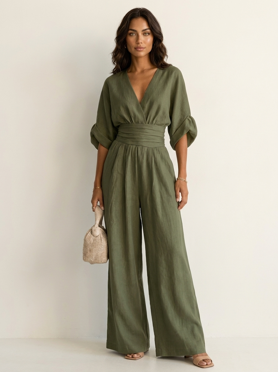 Wide-leg jumpsuit met V-hals en hoge taille voor dames in groen