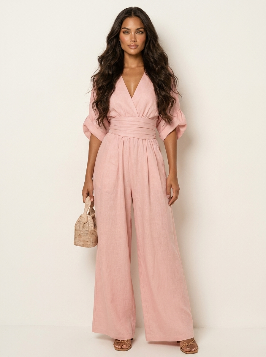 Wide-leg jumpsuit met V-hals en hoge taille voor dames in lichtroze