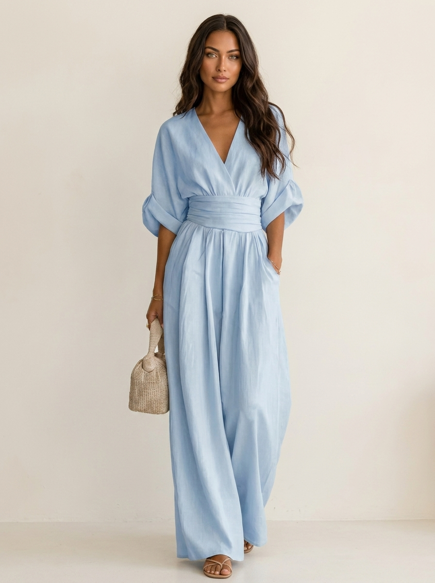 Wide-leg jumpsuit met V-hals en hoge taille voor dames in lichtblauw