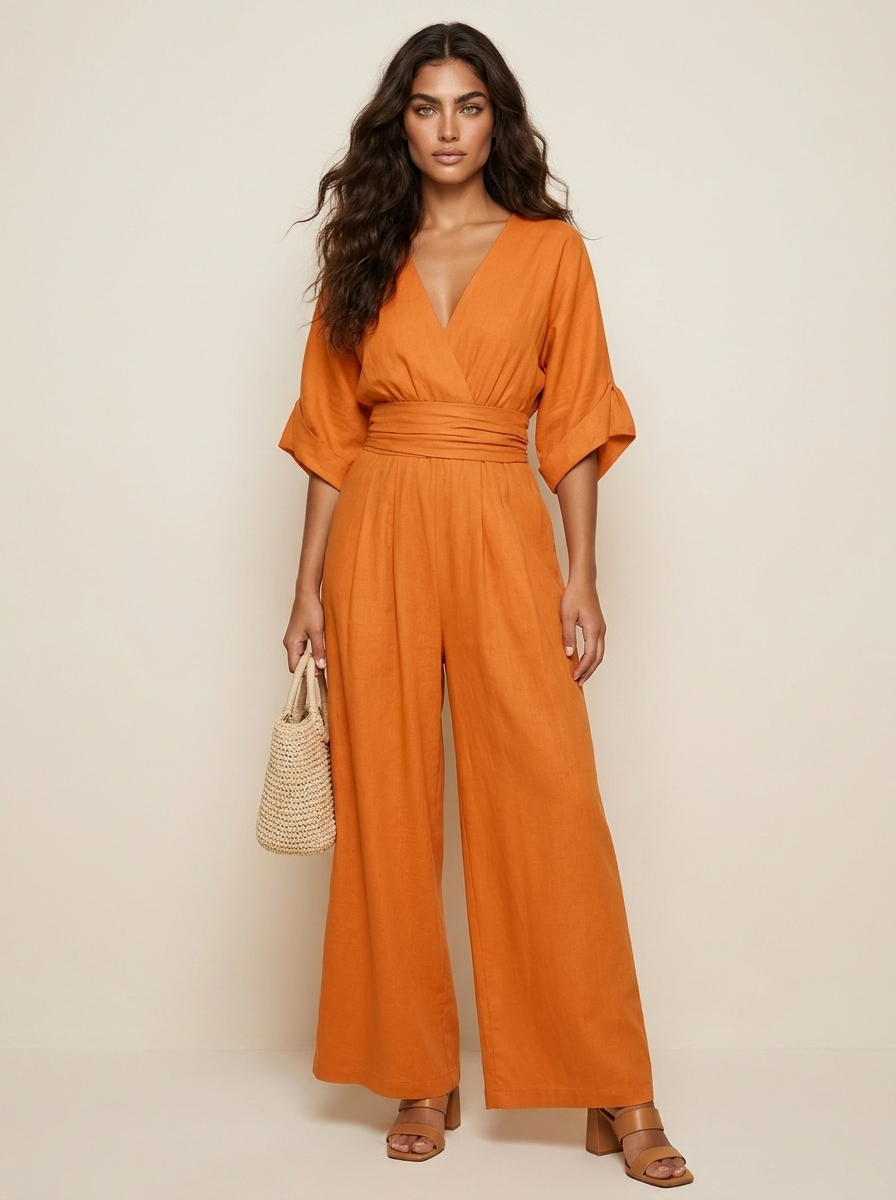 Wide-leg jumpsuit met V-hals en hoge taille voor dames in oranje