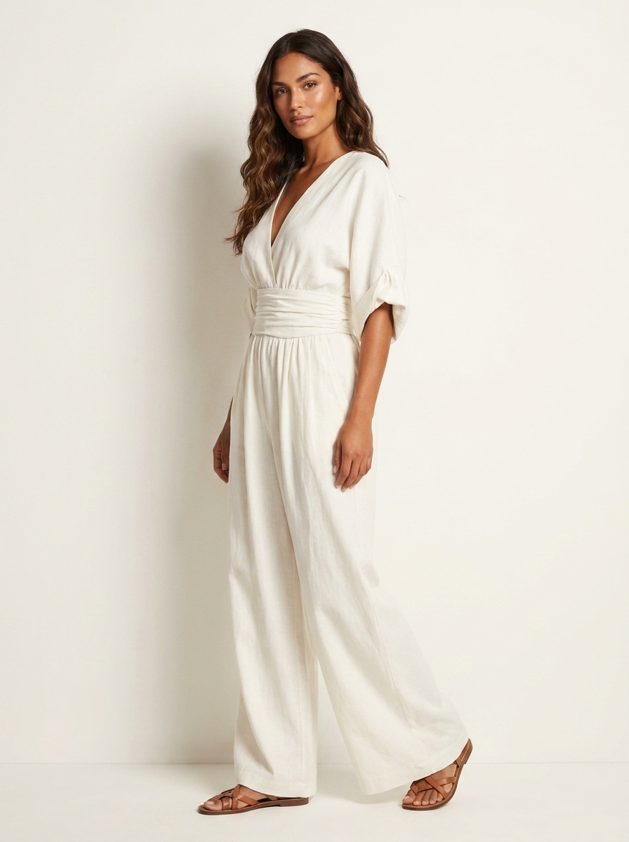 Wide-leg jumpsuit met V-hals en hoge taille voor dames in wit