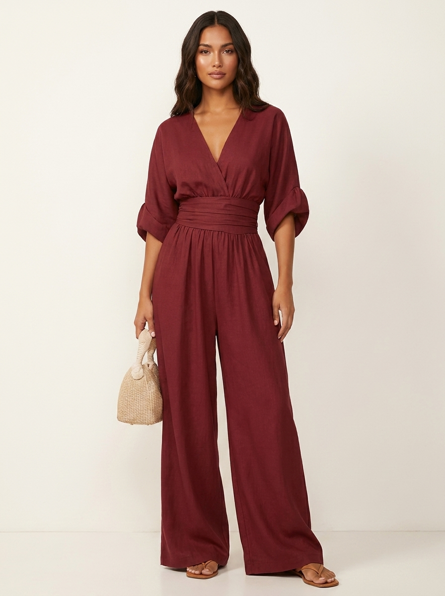 Wide-leg jumpsuit met V-hals en hoge taille voor dames in bordeaux