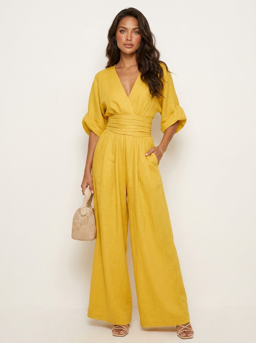Wide-leg jumpsuit met V-hals en hoge taille voor dames in geel