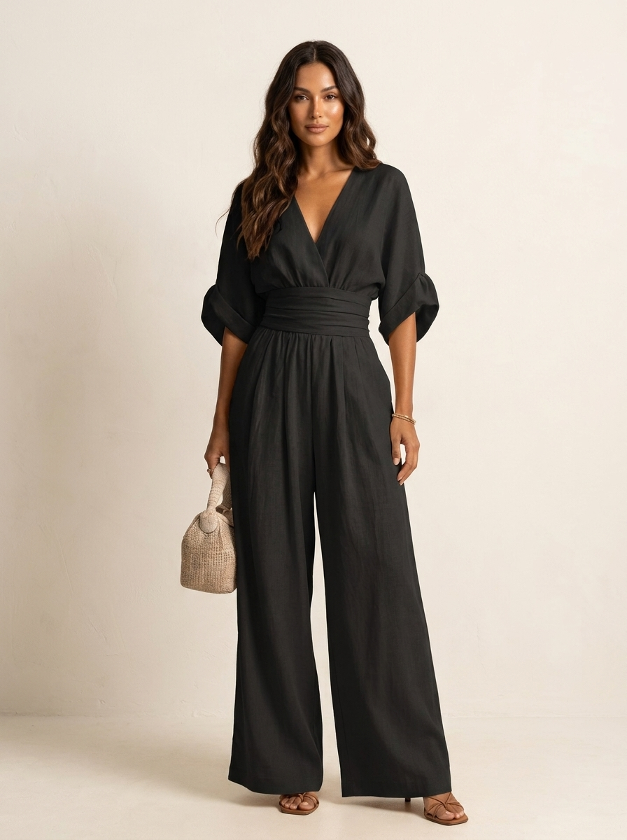 Wide-leg jumpsuit met V-hals en hoge taille voor dames in zwart