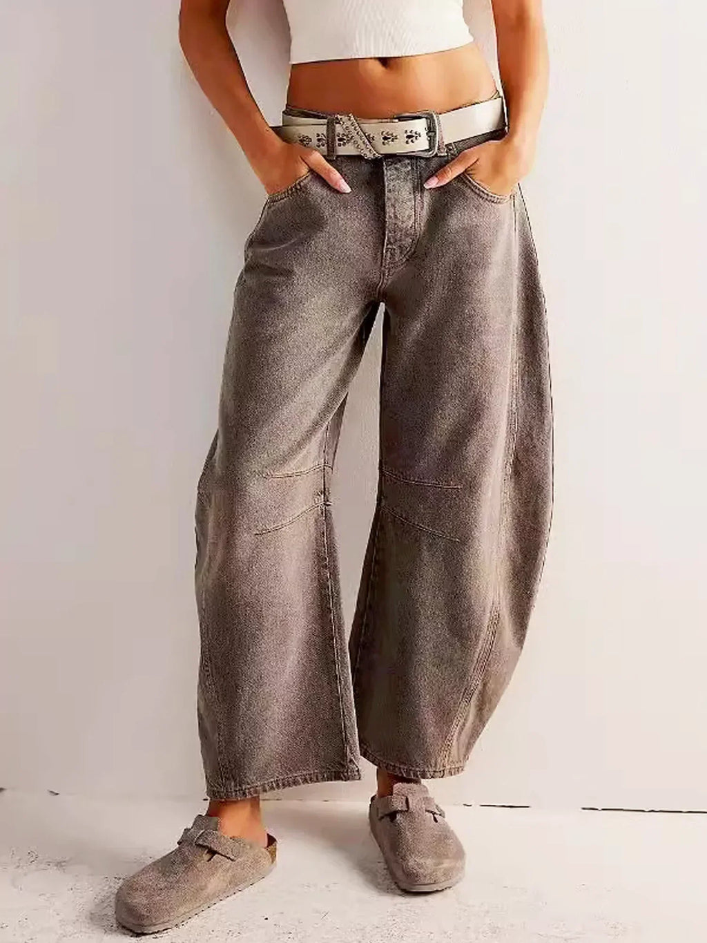 Wijde broek met luipaardprint en riemlussen voor dames in bruin