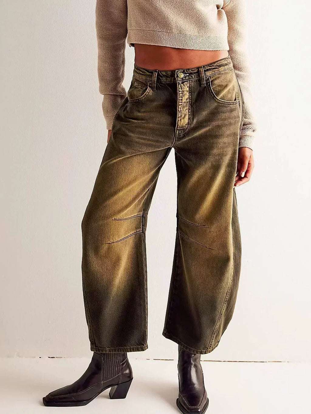 Wijde broek met luipaardprint en riemlussen voor dames in lichtbruin