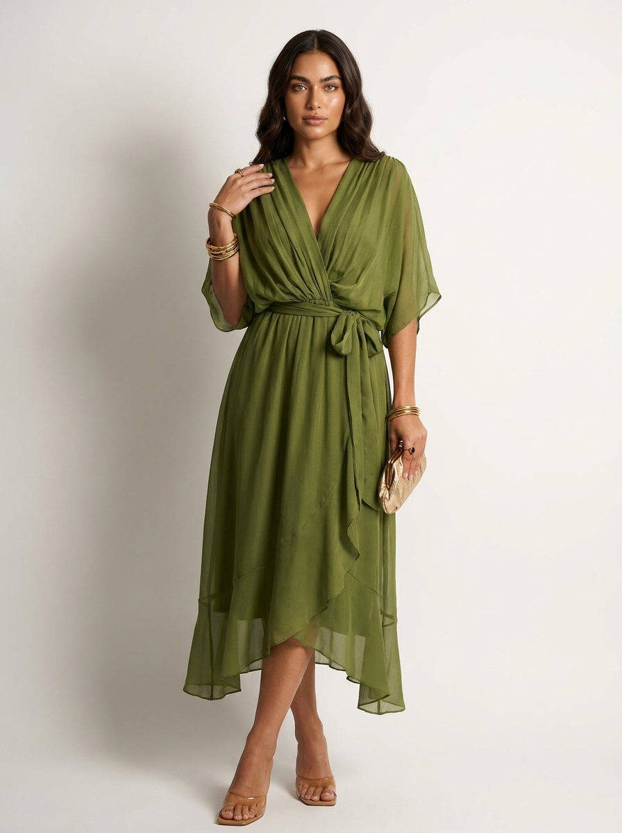 Maxi jurk met V-hals en strikdetail in groen