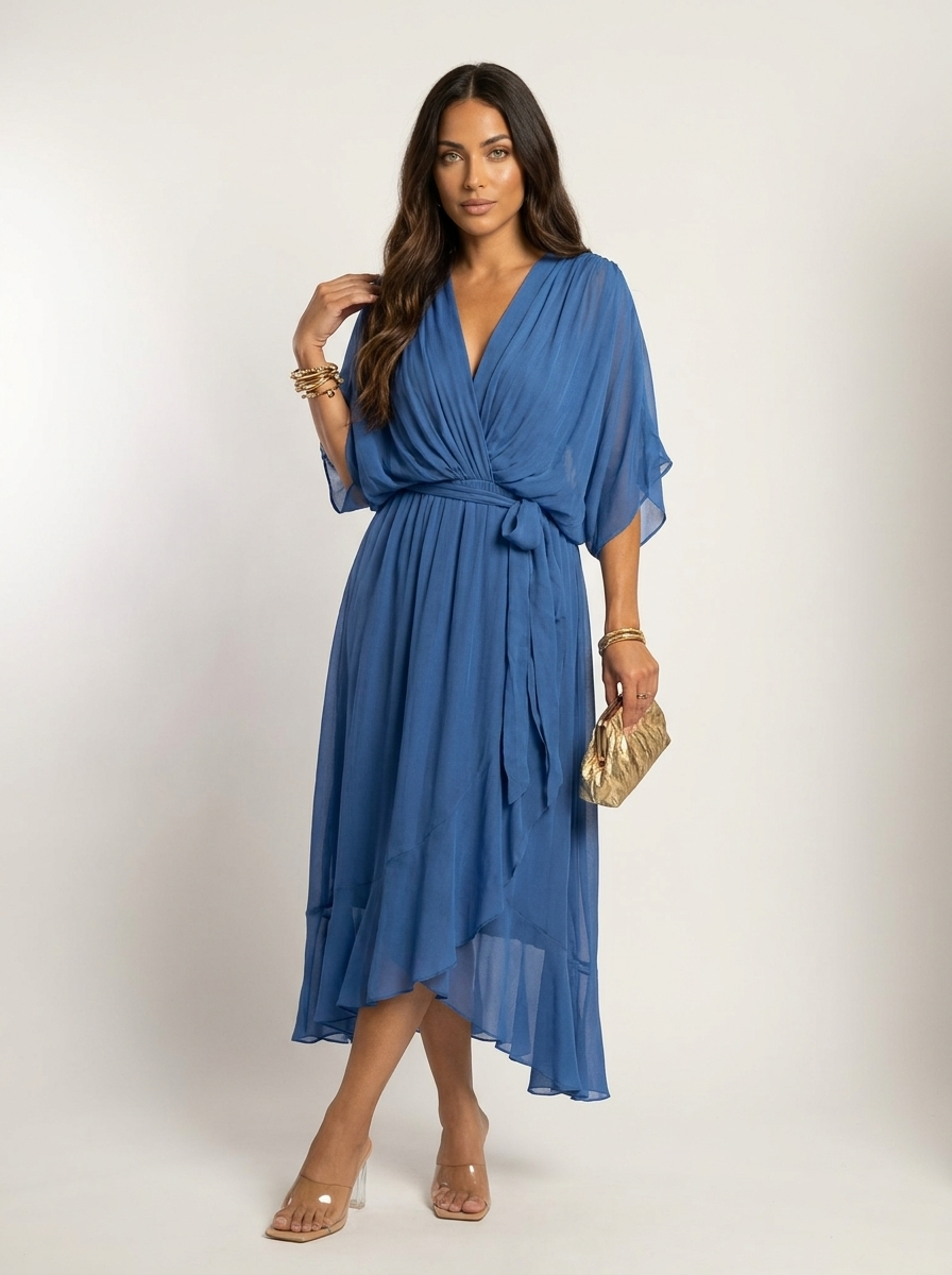 Maxi jurk met V-hals en strikdetail in blauw