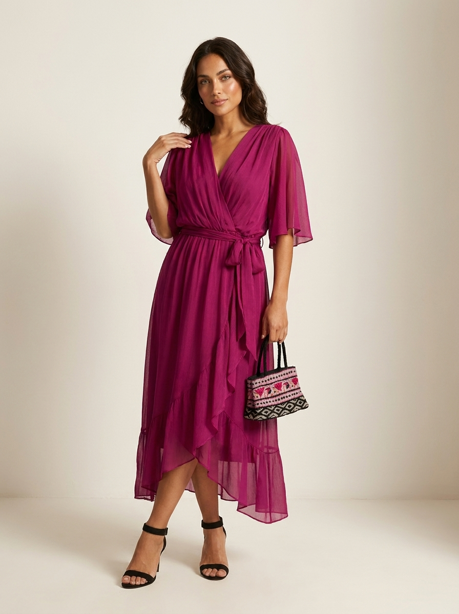 Maxi jurk met V-hals en strikdetail in paars-rood