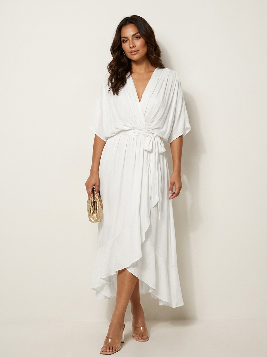 Maxi jurk met V-hals en strikdetail in wit