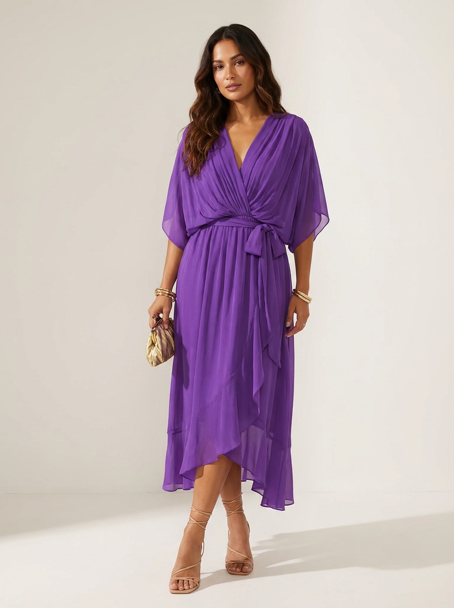 Maxi jurk met V-hals en strikdetail in paars