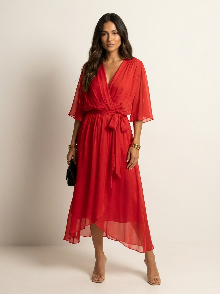 Maxi jurk met V-hals en strikdetail in rood