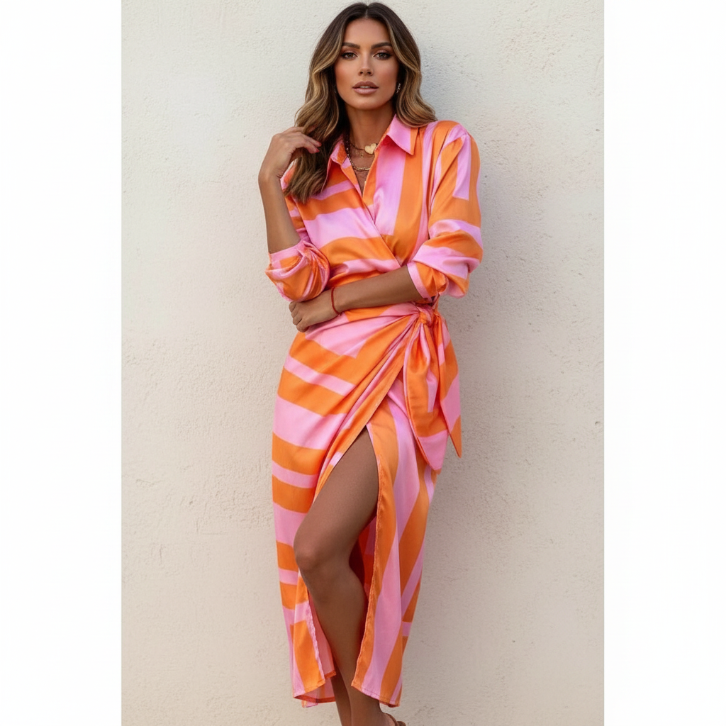Wikkeljurk met flatterend silhouet in oranje & roze