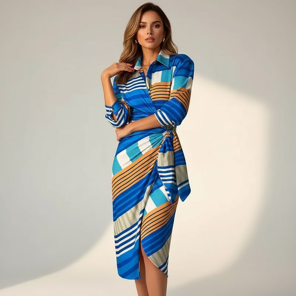 Wikkeljurk met flatterend silhouet in blauw en bruin gestreept