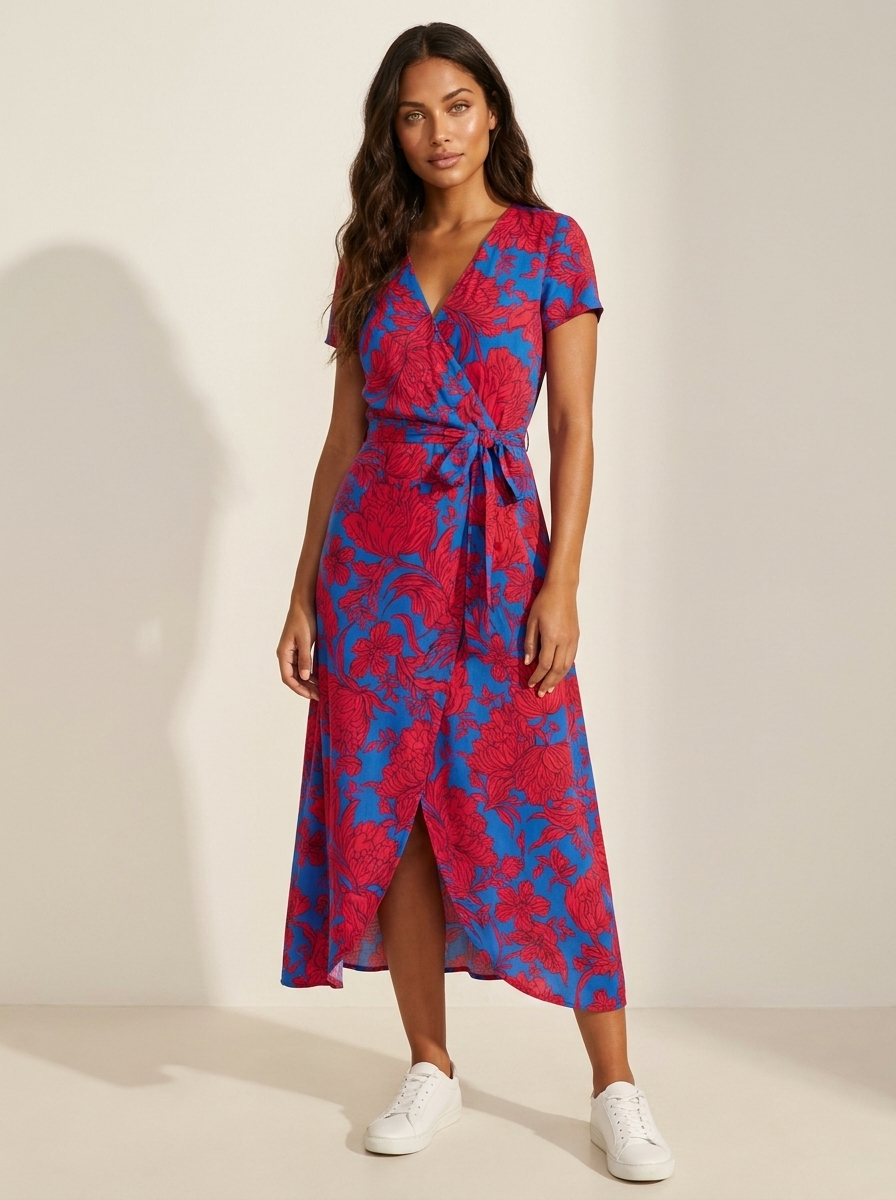Wikkeljurk met kleurrijke print voor dames in rood blauw