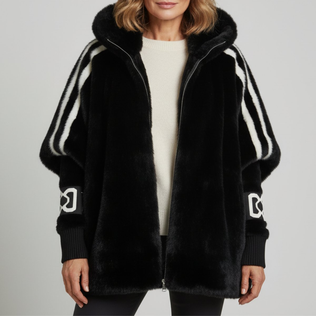Winterjas met capuchon en imitatiebont voor dames in zwart