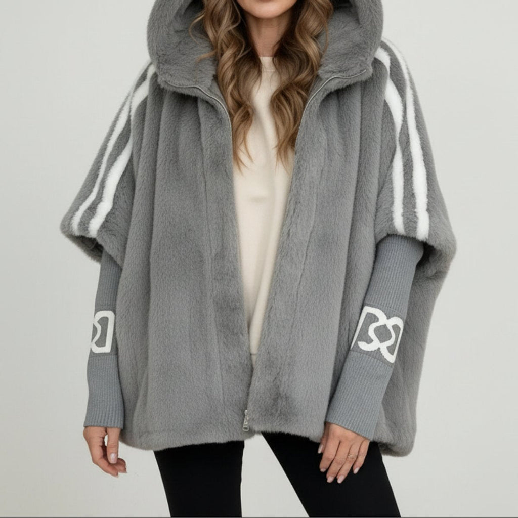 Winterjas met capuchon en imitatiebont voor dames in grijs