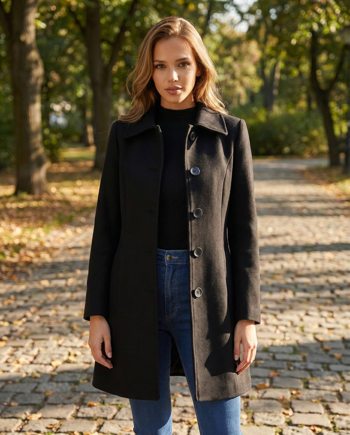 Winterjas met knoopsluiting en steekzakken voor dames in zwart
