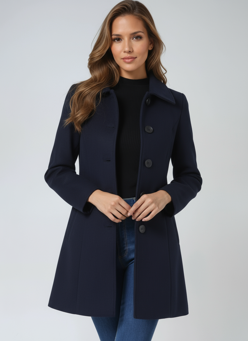 Winterjas met knoopsluiting en steekzakken voor dames in donkerblauw