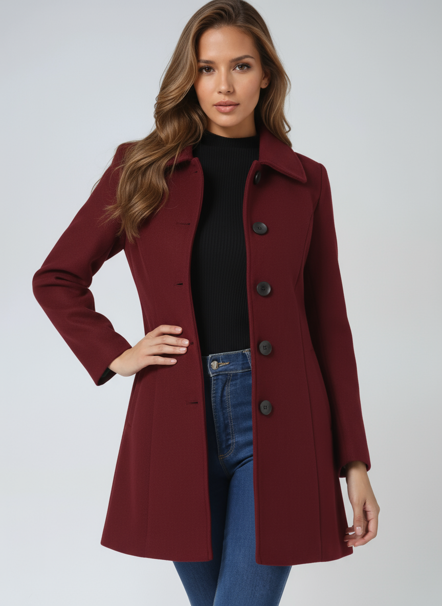 Winterjas met knoopsluiting en steekzakken voor dames in donkerrood