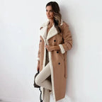 Winterjas met teddykraag en brede revers voor dames in khaki
