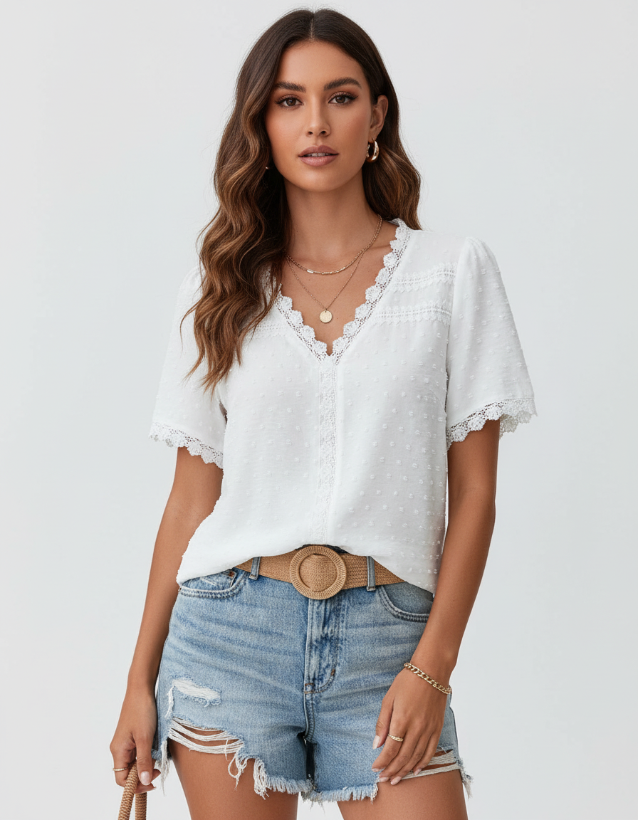 Witte blouse met kant en v-hals in wit