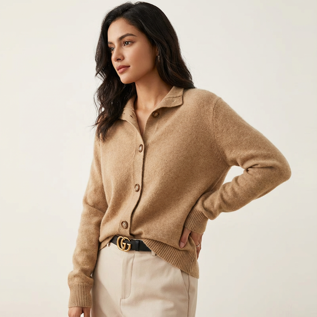 Zachte gebreide cardigan met knopen en kraag voor dames in khaki