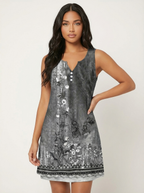 Zomerjurk met artistieke print en V-hals in grijs