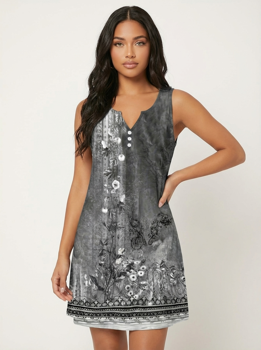 Zomerjurk met artistieke print en V-hals in grijs