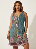 Zomerjurk met artistieke print en V-hals in groen