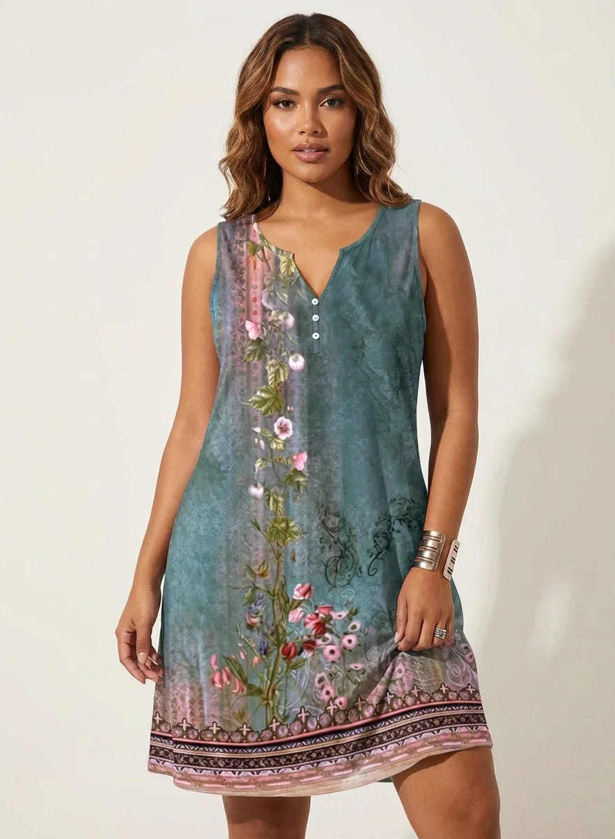 Zomerjurk met artistieke print en V-hals in groen