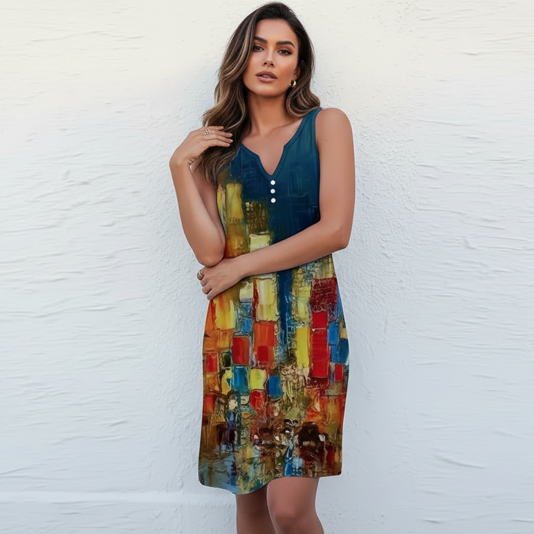 Zomerjurk met artistieke print en V-hals in blauw geel