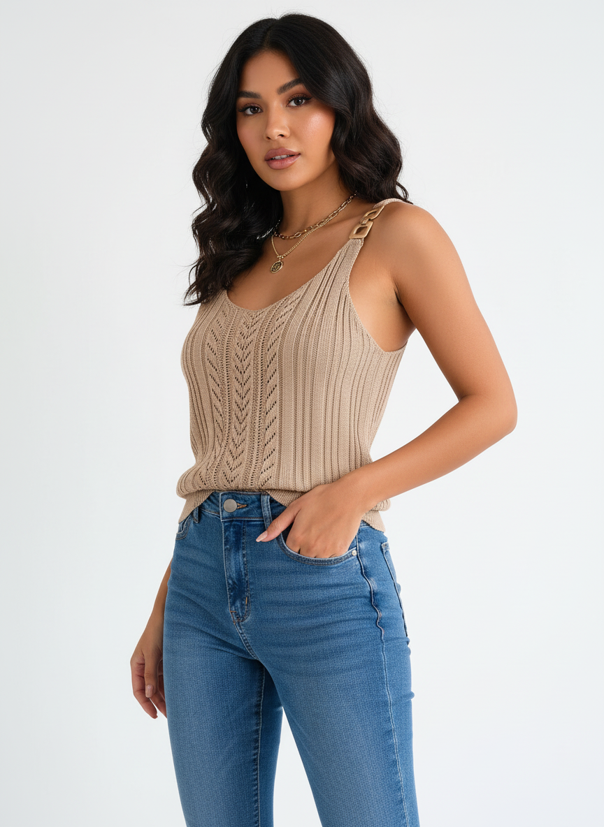 Zomertop met open knit en schouderbanden voor dames in beige