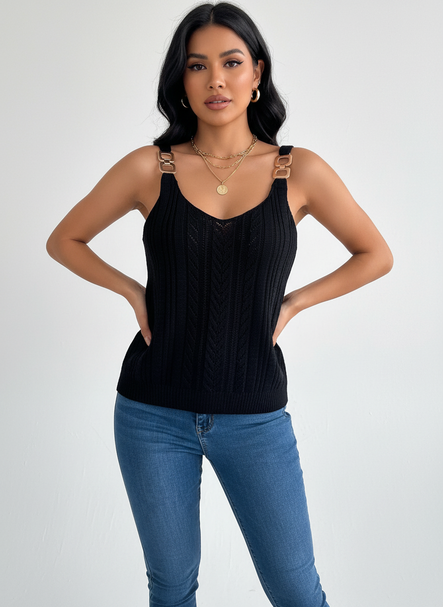 Zomertop met open knit en schouderbanden voor dames in zwart