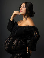 Zwangerschapsjurk met off-shoulder boothals en ruches in zwart