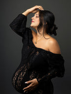 Zwangerschapsjurk met off-shoulder boothals en ruches in zwart