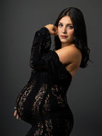 Zwangerschapsjurk met off-shoulder boothals en ruches in zwart