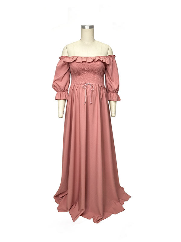 Zwangerschapsjurk met off-shoulder hals en gedrapeerde ruches in roze