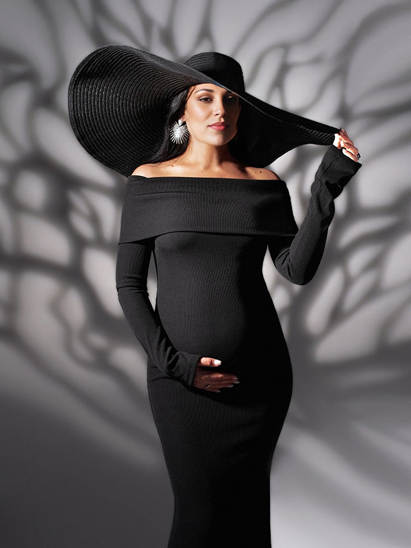 Zwangerschapsjurk met off-shoulder hals en zeemeerminrok in zwart